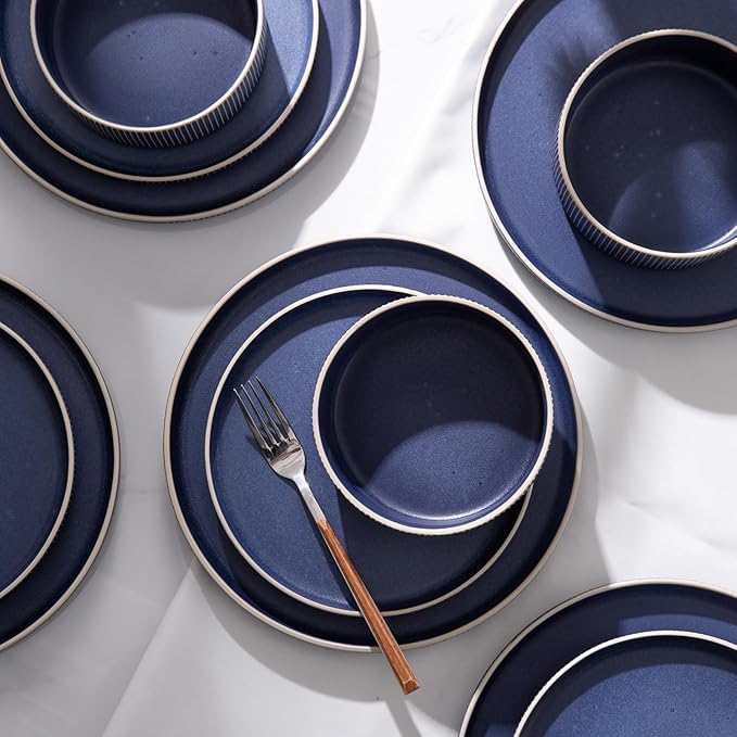 Dinnerware Set Service for 4, 12-Piece Ceramic Plates and Bowls Set, Chip & Scratch Resistant, Microwave and Dishwasher Safe, Modern Minimalist Tableware for Everyday Use, Matte Blue