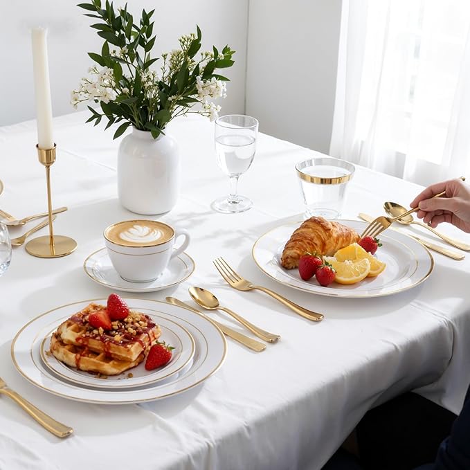 175PCS White and Gold Plastic Plates - Christmas Plates with Rolled Napkins for Party - 25Guest Disposable Dinnerware Sets for Party/Wedding/Valentine's Day