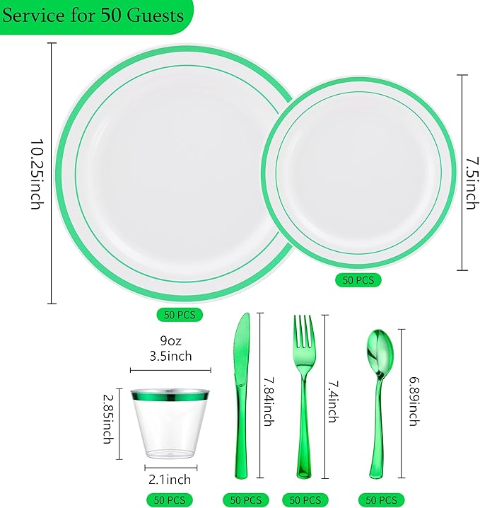 300PCS Green Dinnerware Set, 50 Guests White and Green Plastic Plates, Fancy Plastic Plate-50 Dinner Platos, 50 Dessert Platos, 50 Silverware Set, 50 Cups for Party Wedding