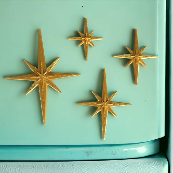 Midcentury Modern Vintage Style Atomic Star Bursts Fridge Magnets Art Refrigerator Kitchen Décor 1960s Retro Stars 50s Home Office MCM (Gold)