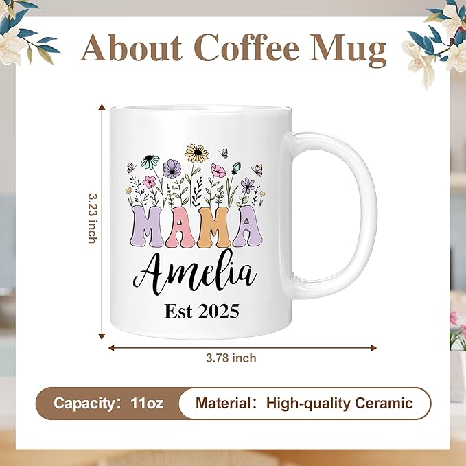 Custom Christmas Coffee Mug Gifts for Mom,11oz Personalized Ceramic Mama Cup with Photo Text & Birth Flower, Customized Birthday Gift for New Moms (Mom-Text)
