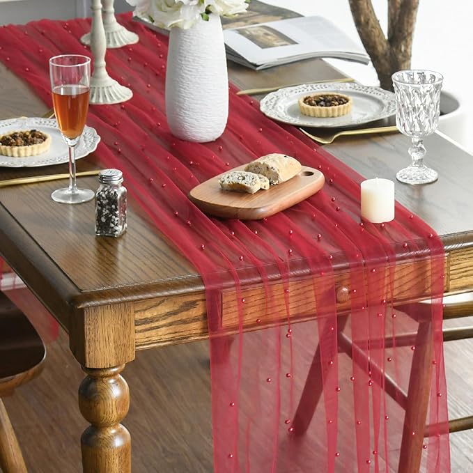 Artoid Mode Pearl Red Gauze Table Runner 120 Inch 10FT, Seasonal Sheer Dining Holiday Wedding Birthday Baby Shower Table Decor for Home Party