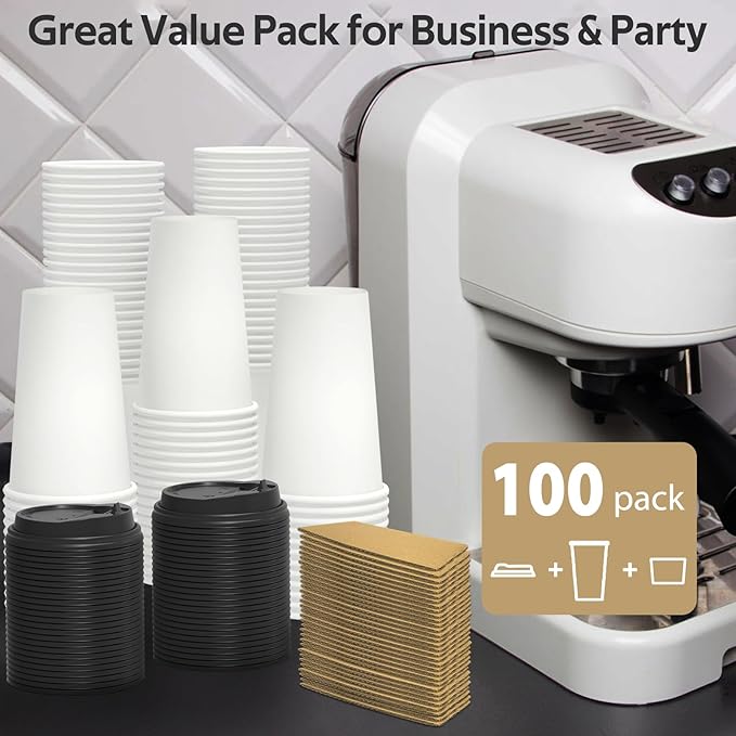 100 Pack 16 oz Disposable Coffee Cups with Lids and Sleeves, Sturdy Thick Paper & Leak-free Insulated to Go Paper Hot Coffee Cups for Hot & Cold Beverage