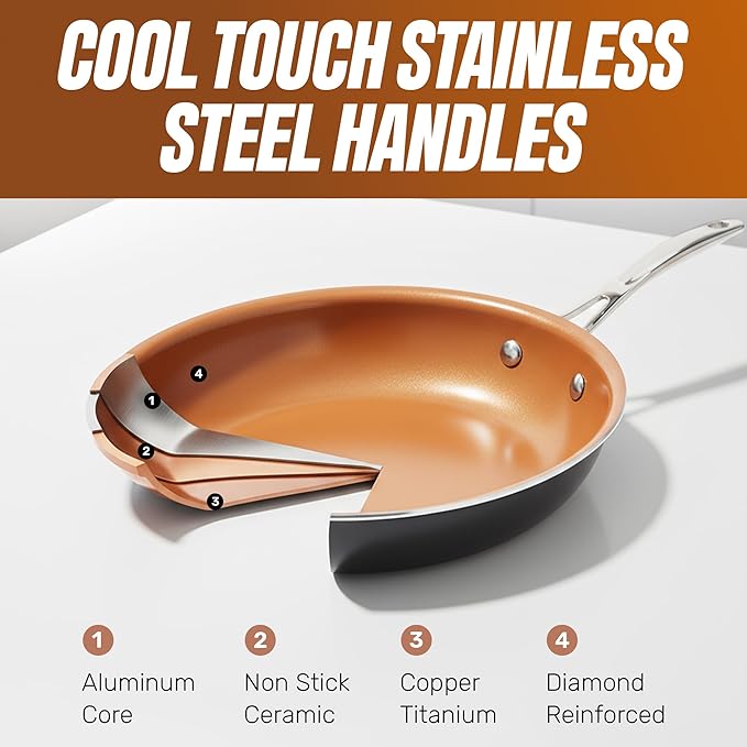 Gotham Steel 9.5 Inch Copper Non Stick Frying Pans, Ceramic Non Toxic Frying Pans Nonstick Skillet Made Without PFOA PFOS, Lightweight, Stay Cool Handle, Oven and Dishwasher Safe