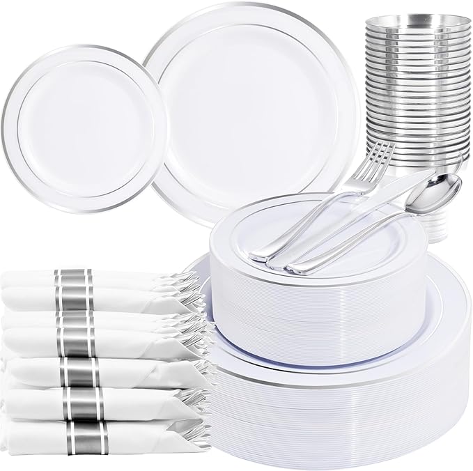 WELLIFE 210 Piece Silver Plastic Dinnerware Set for 30 Guests, Plastic Plates for Party, Include: 30 Dinner Plates, 30 Dessert Plates, 30 Pre Rolled Napkins with Silver Silverware and 30 Silver Cups