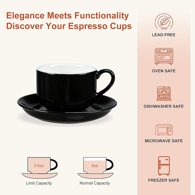 3 Ounce Espresso Cups Set of 4, Stackable Demitasse Mugs, Includes Display Stand, Cups Saucers, and Spoons, for Machines & Home Use, Black, Gold Tone