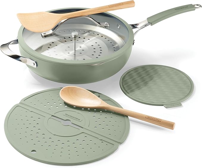 Tramontina Vue All-in-One Plus Pan Set, 5-Quart Ceramic Non Stick Cooking Pan with Glass Lid, Steamer Insert, Beechwood Utensils, Splatter Screen, Pot Holder, Green