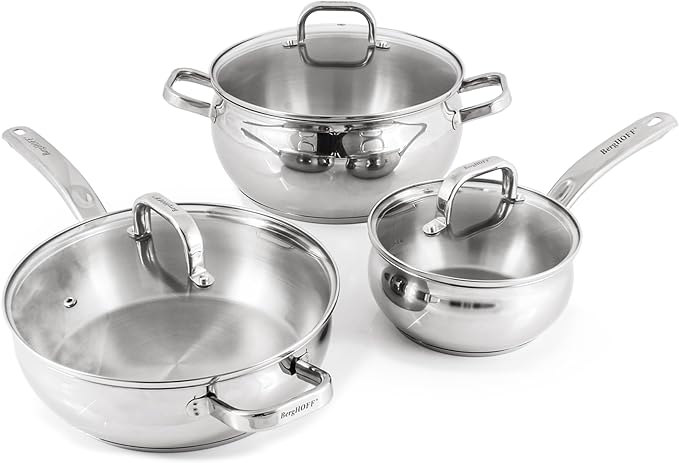 BergHOFF Belly Shape 18/10 Stainless Steel 12Pc Cookware Set, Glass Lids, Fast, Evenly Heat, Induction Cooktop Ready