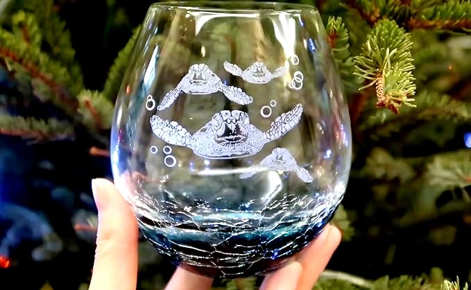 Sea Turtle Gifts for Women, Etched Sea Turtles Family Handmade Engraved Crackle Turquoise Beach Wine Glass With Velvet Gift Box 18 Ounces