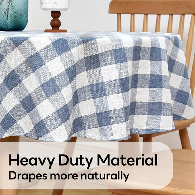 Gingham Table Cloth for Round Tables Sky Blue Checkered Plaid Tablecloth Heavy Duty Cotton Blend Washable & Wrinkle Table Cover for Outdoor Kitchen Dining Picnic Camping (60 inch Diameter)