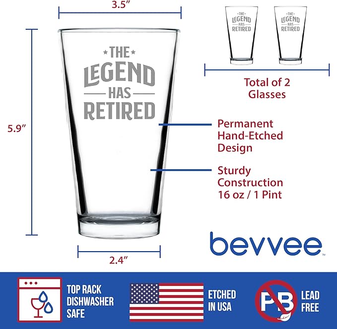 Bevvee The Legend Has Retired - Pint Glass for Beer - Funny Retirement Gifts for Boss or Coworkers - Set of 2-16 Oz