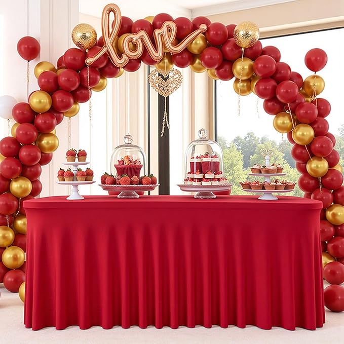 Red Spandex Tablecloth with Skirt for 6FT Tables – Wrinkle-Free, Stretch Fitted Elastic Cover – Rectangle Table Cloth for Christmas Banquets Parties Buffets Restaurants