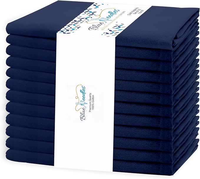 Blue Needles Solid Cloth Napkins Set of 12 Navy Blue 100% Cotton Dinner Napkins 18x18 inches - Soft, Reusable, Absorbent & Washable Linen, Ideal for Wedding Events, Parties & Everyday Use