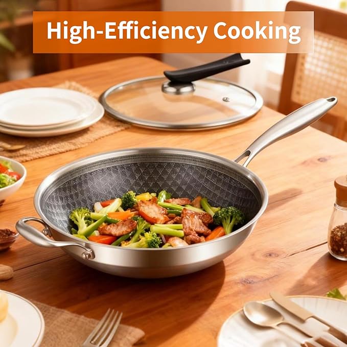 DELARLO Tri-Ply Stainless Steel 12 inch Nonstick wok Pan With Lid,induction Cookware Woks & Stir-Fry Pans,Dishwasher and Oven Safe Up To 650°F