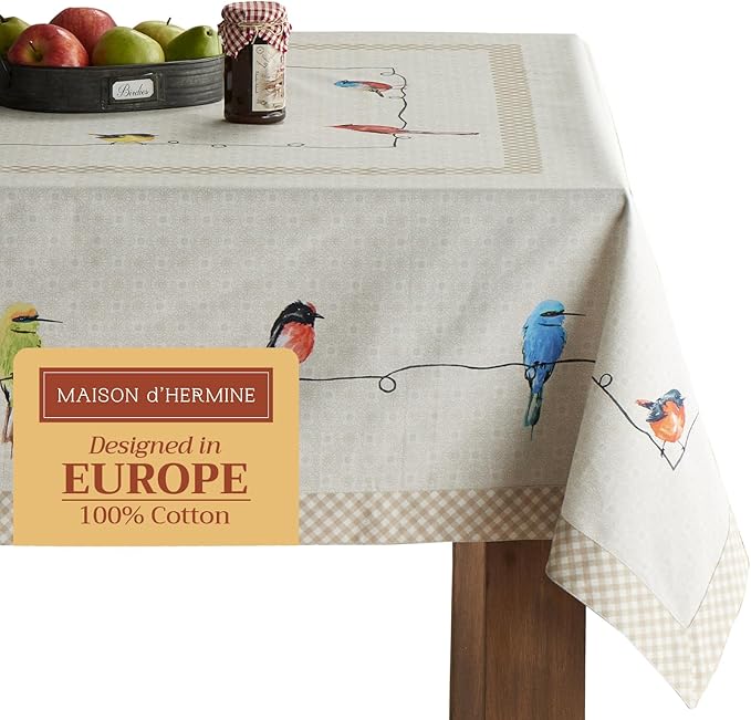 Maison d' Hermine Table Cloth Square Table 100% Cotton 54 x 54 Inches Tablecloth Reusable Decorative for Dining Room Farmhouse Home Valentines Day Decorations Spring Summer - Birdies on Wire