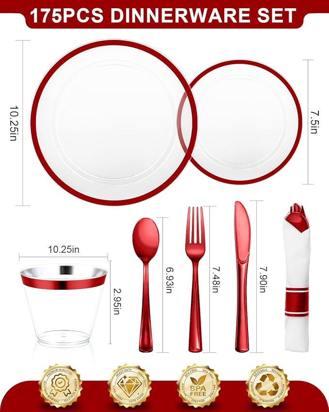175PCS Plastic Clear & Red Plates for Party, Disposable Dinnerware Sets Suitable for 25 Guests,50 Plastic Plates, 25 Cups, 25 Pre-Rolled Napkins with Cutlery for Christmas, Wedding