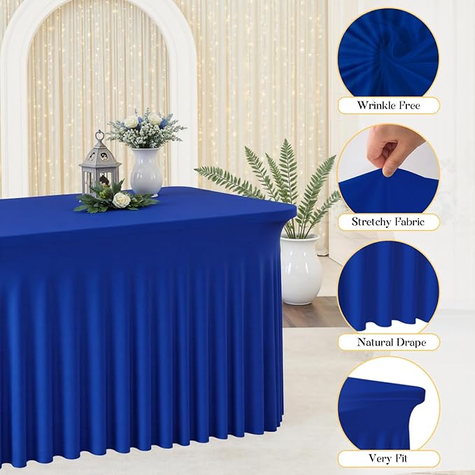 2 Pack Royal Blue Spandex Tablecloths 6FT Rectangular Fitted Table Covers, Stretch Tablecloths for 6 Foot Tables Wrinkle Free Elastic Table Skirt for Graduation Party Wedding Banquet Events