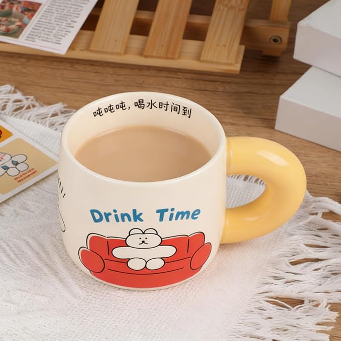 Ceramic Coffee Mugs 16 oz (460 ml) Coffee Cups with Handle & Cartoon Stickers- Large & Heartwarming Novelty Big Mug for Women, Men, Great for Hot Coffee or Tea