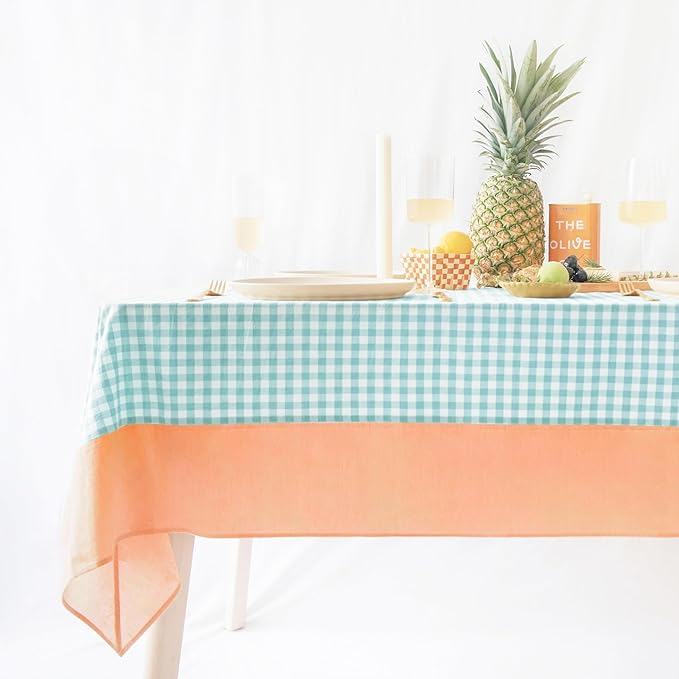 MONDAY MOOSE Gingham Checkered Farmhouse Rustic Picnic Style Decoration Rectangle Natural Stonewashed Cotton Tablecloth for Kitchen, Dining Room, Restaurant (55x70 inch, Teal/Orange)