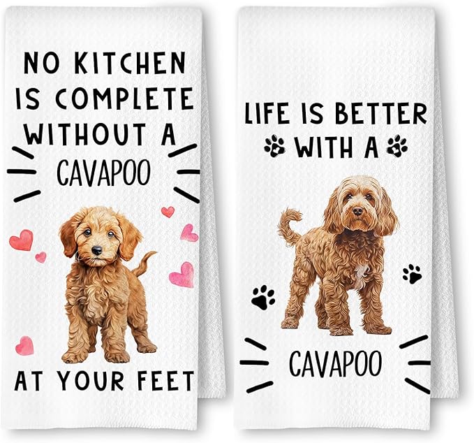 Cavapoo Dog Kitchen Towels, Cavapoo Gifts Dish Tea Towels for Kitchen Decor, Dog Lovers Gifts for Women Men Decorative Hand Towel, 16x24 Inches Set of 2