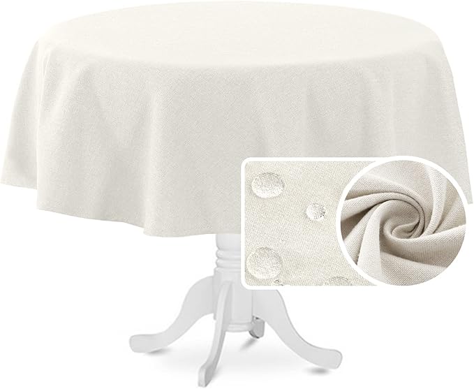 H.VERSAILTEX Linen Textured Tablecloth Round 60 inch Waterproof Decorative Table Cloth Spill-Proof Linen Look Cover for Party Table Extra Soft and Thick Fabric Wrinkle Free, Heather Ivory