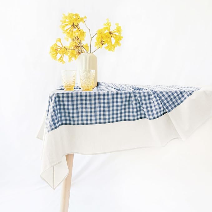 MONDAY MOOSE Gingham Checkered Farmhouse Rustic Picnic Style Decoration Rectangle Natural Stonewashed Cotton Tablecloth for Kitchen, Dining Room, Restaurant (60x120 inch, Blue/White)