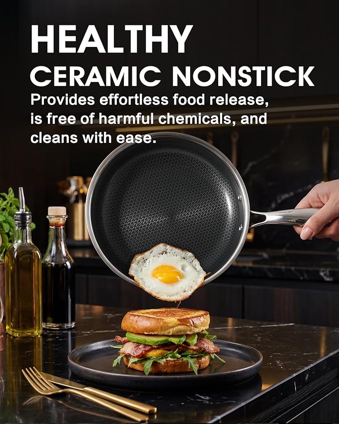 10 Inch Non Stick Frying Pan with Lid, Hybrid Nonstick Stainless Steel Skillet Pan with Stay-cooling Handle, PFOA Free Non Toxic Dishwash & Oven Safe Kithchen Cookware Set Compatible All Cooktops