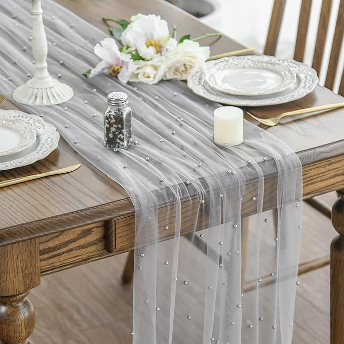 Artoid Mode 6PCS Pearl Grey Gauze Table Runner 120 Inch 10FT, Seasonal Sheer Dining Holiday Wedding Birthday Baby Shower Table Decor for Home Party