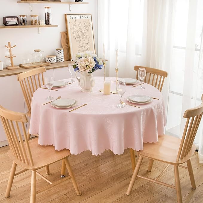 Round Tablecloth 70 Inch Pink Table Cloths Waterproof Washable Wrinkle Free Leaves Jacquard Soft Fabric Table Cover for 30-58”Tables-Kitchen Dinning Outdoor Birthday Party Banquet Patio