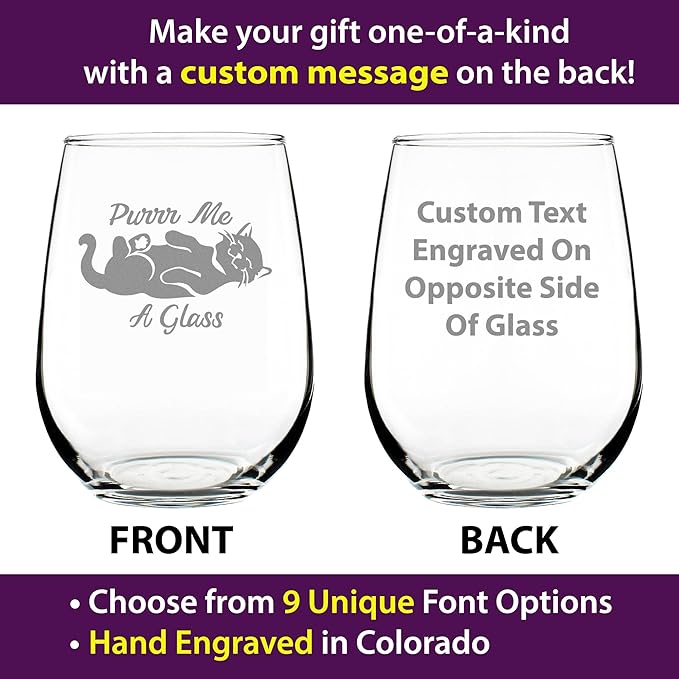 Custom Purr Me A Glass – Cat Personalized Stemless Wine Glass, Etched Sayings, Funny Kitten Gift, Large Glasses - Customized Wine Glass Gift