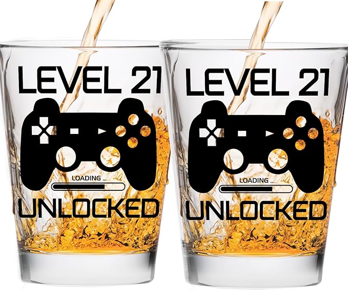 Level 21 Unlocked - Birthday Shot Glass - Celebrate Turning Twenty-One- 21st Birthday Shot Glass for Him/Her - Shot Glass for 21st bday (Pack of 2)