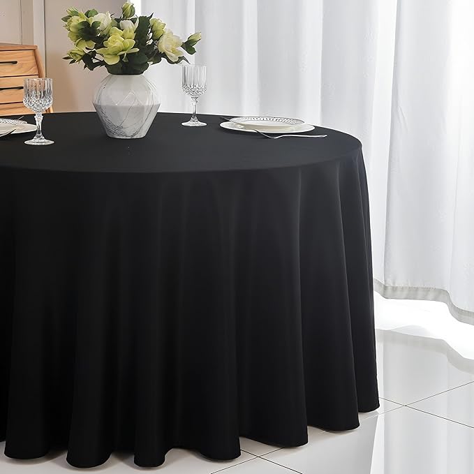 6-Pack Round 108-inch Black Table Cloths, Solid Stain and Wrinkle Resistant Circular Tablecloth, Premium Plain Weave Polyester Fabric Table Linen Covers for Hotel, Banquet