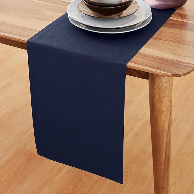 Solino Home Navy Blue Table Runner 132 Inches Long - Dru Cotton Linen Dining Table Runner 14 x 132 Inch for Winter - Handcrafted and Machine Washable
