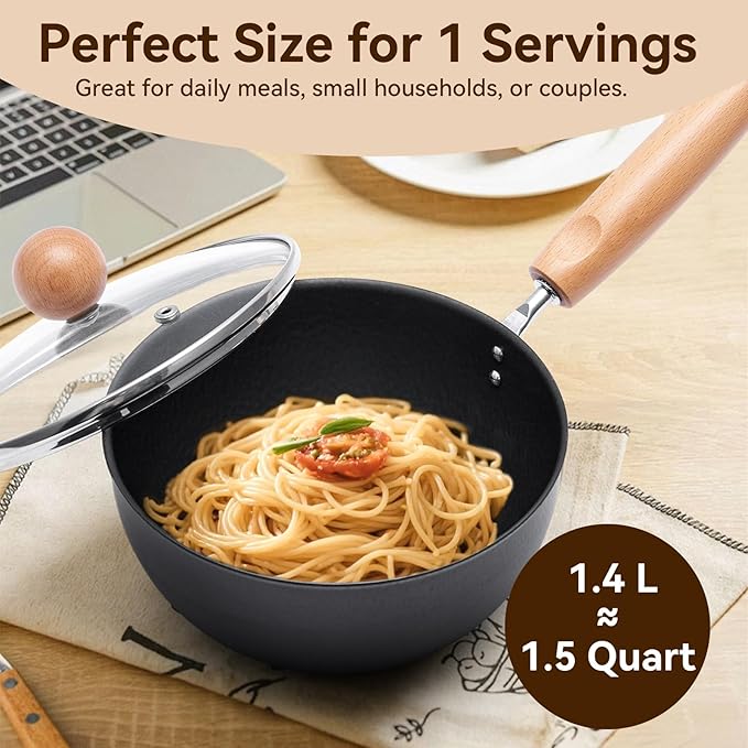 WANGYUANJI 7.1 Inch Hammered Iron Saucepan with Glass Lid, Removable Beechwood Handle, Small Milk Pot for Boiling, Simmering, Heating – Non-Coated, Stovetop Compatible