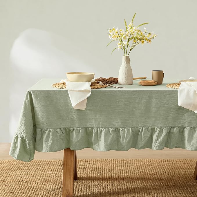 MONDAY MOOSE Ruffle Farmhouse Rustic Rectangle Natural Stonewashed Cotton Tablecloth for Kitchen, Dining Room, Restaurant (60x86 inch, Sage Green)
