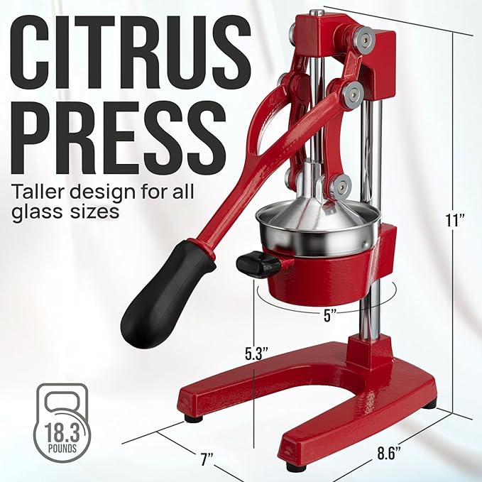 Zulay Kitchen Cast Iron Juicer - Easy-to-Clean Heavy-Duty Manual Juicer, Professional Citrus Juicer - Stainless Steel Lemon Squeezer - Manual Citrus Press & Orange Squeezer - Orange Juicer - Deep Red
