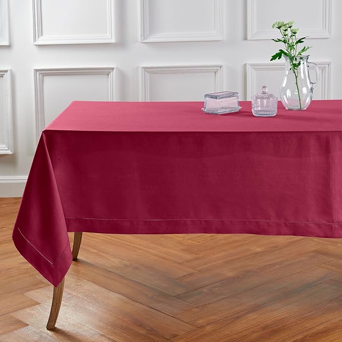 Solino Home Beet Linen Tablecloth 60 x 108 Inch - 100% Pure Linen Hemstitch Table Cloth for Rectangle Tables - Classic Hemstitch, Machine Washable Tablecloth for Valentines, Winter, Easter
