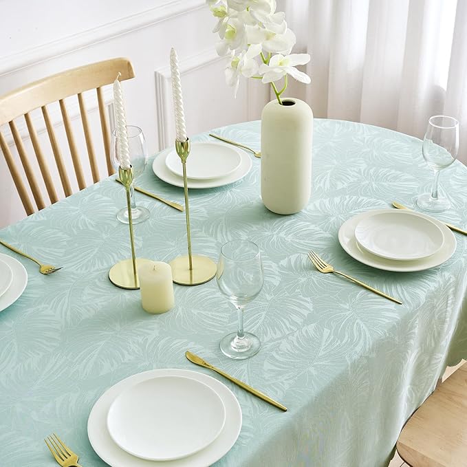 Oval Tablecloth 60x84 Inch Table Cloth Leaves Pattern Scalloped Edge Silky Soft Fabric Waterproof Wrinkle Free Washable Table Cover for Kitchen Dinning Party Decoration (Aqua)