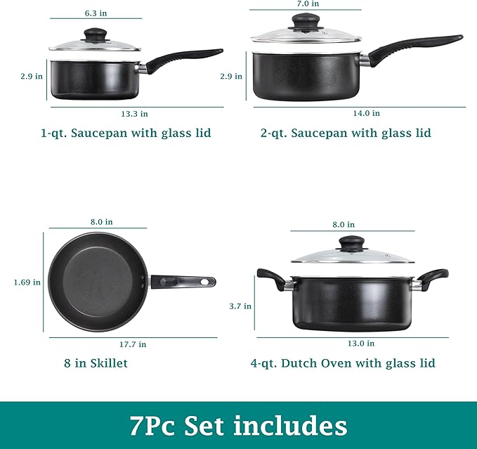 7 Piece Non Stick Aluminium, Pots and Pans Cookware Set, Black