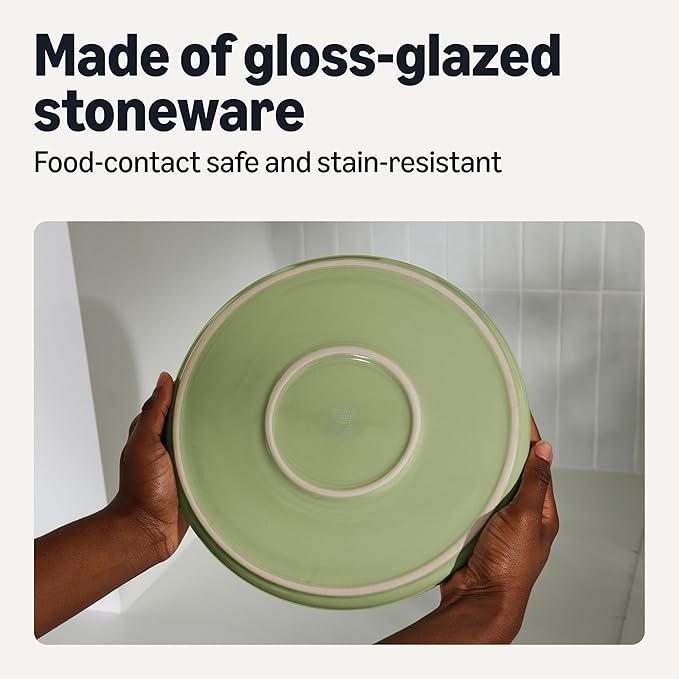Amazon Basics Glazed Stoneware Dinner Plates, Ceramic 4-Piece Set, Microwave and Dishwasher-Safe, 10.5 in., Olive