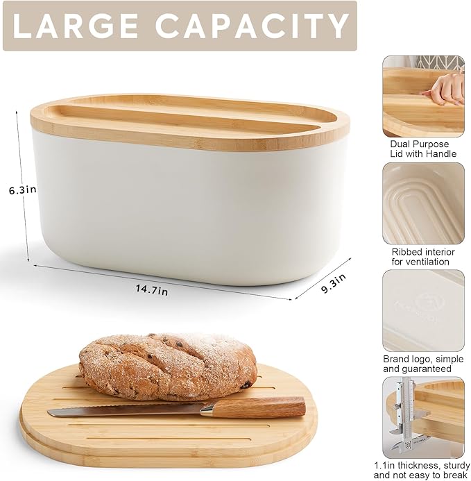 HouseJoy Large Bread Box for Kitchen Countertop,Fiber Bread Box With Thick Cutting Board Lid-Includes,White Bread Storage for Homemade Container,Corner Bread Holder for Toast Bagel Donut Cookies