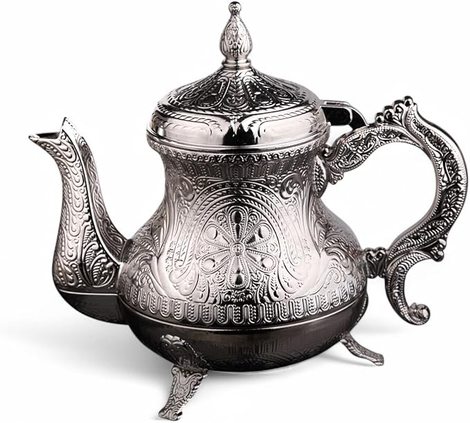 Alisveristime Decorative Zamac Pitcher – Vintage Ottoman-Style Teapot, Ornate Metal Design (7.9 x 7.9 x 5.1 in, 1.85 lbs, 28.7 fl oz) (Silver)