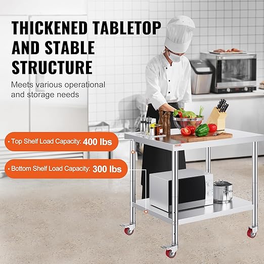 Vevor 30x36x34 Inch Stainless Steel Work Table 3-Stage Adjustable Shelf with 4 Wheels Heavy Duty Commercial Food Prep Worktable with Brake for Kitchen Prep Work