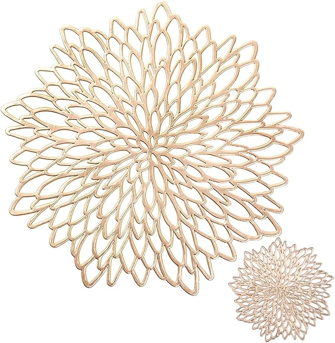 PVC Placemats and Coasters Set Round Leaf Place Mats Washable Heat Table Mats for Morden Kitchen Dining Table(Gold,6 Set)