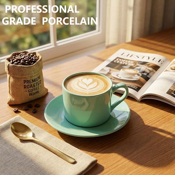 Porcelain 8oz Cappuccino Cup with Saucer -Ceramic Coffee Mug Perfect For Latte&Tea - Microwave and Dishwasher Safe -Tea Cup Sets for Gift,Afternoon Party,Mint Green