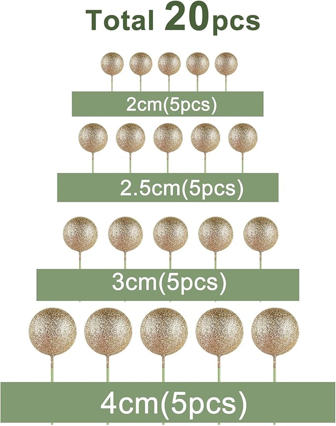 ASTARON 20pcs Ball Cake Toppers Mini Balloons Cake Decoration Balls Cake Picks for Wedding Anniversary Cake Decorations (Glitter Champagne Gold)
