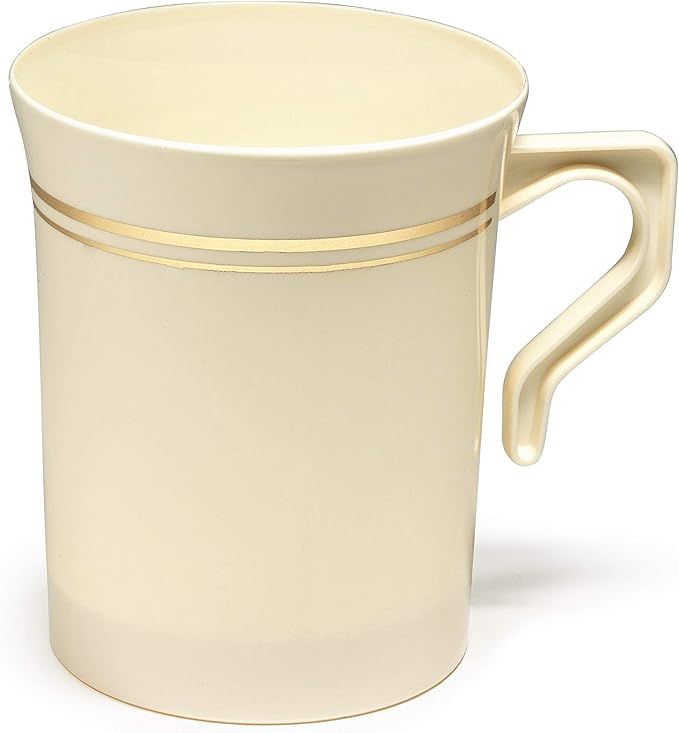 OCCASIONS 40 Pack Disposable Coffee Mugs with Handles, 8oz Heavyweight Plastic Tea Cups for Hot & Cold Beverages, Wedding Party Events - Ivory & Gold Rim