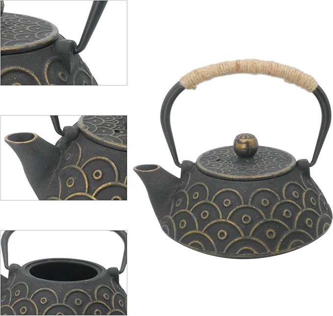 InnoLife Cast Iron Teapot with Stainless Steel Infuser, Japanese Tea Pot for Loose Leaf, Tea Kettle with Enameled Interior, Fish Scale Pattern 900ml/30oz