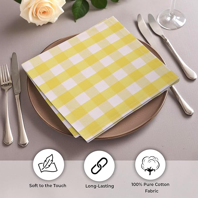 Urban Villa Cloth Napkins Set of 12 20x20 Inches 100% Cotton Napkins Cloth Washable Soft Durable Reusable Absorbent Table Dinner Napkins Cloth for Hotel Lunch Restaurant Weddings Parties-Yellow White