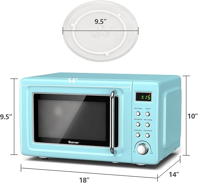 COSTWAY Retro Countertop Microwave Oven, 0.7Cu.ft, 700-Watt, High Energy Efficiency, 5 Micro Power, Delayed Start Function, with Glass Turntable & Viewing Window, LED Display, Child Lock (Green)